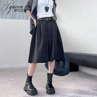 中腰宽松西装短裤女初秋季双层撞色条纹显瘦休闲下装七分阔腿裤子