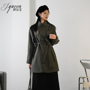 灰色毛呢风衣外套女冬季新款不对称落肩宽松呢子短款韩系收腰大衣