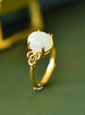 古法金镶嵌和田玉白玉戒指女款活扣可伸缩戒圈指环