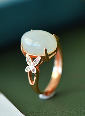 天然和田玉白玉戒指女18K金玫瑰金镶玉石复古戒指AJ1005时尚指环