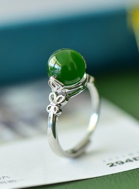 古法银镶和田玉戒指女款碧玉转运珠圆珠镶嵌活口戒圈时来运转戒指