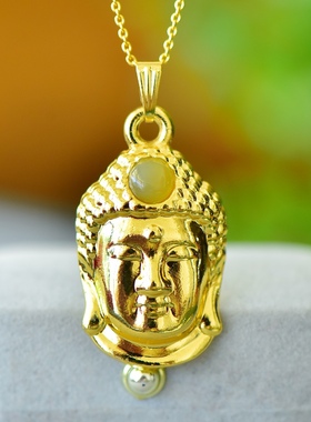 拍卖捡漏古法鎏金天然和田玉青玉佛头吊坠项链挂件男女款锁骨链