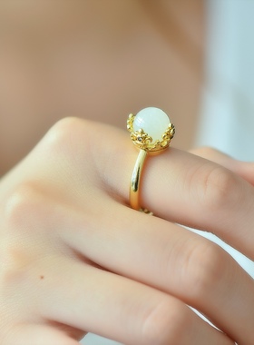 铜镶嵌和田玉白玉珠子时尚戒指女沙金指环节日礼物