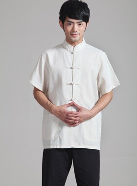 古装男士粗布民族表演服拍戏演出夏季棉麻打底短袖上衣唐装米白HJ