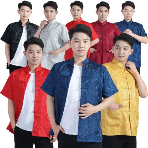 男士爸爸中老年中国风夏季青年绸缎短袖上衣刺绣休闲唐装汉服深蓝
