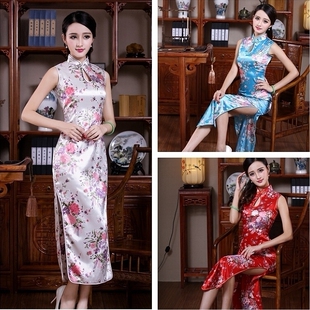 时尚夏季美女性感连衣裙复古民国风改良无袖礼仪走秀长款唐装旗袍