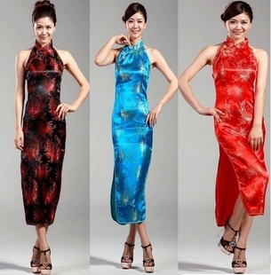 性感美女中国风拍照摄影喜庆礼仪经典酒店露背礼服长旗袍裙黑红HJ