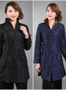 中老年中式外套休闲古装春秋冬季长袖唐装上衣女士加长风衣黑色HJ