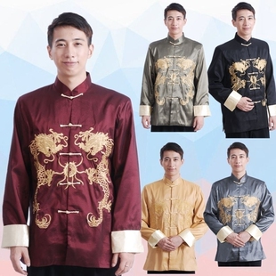 中老年改良古装男士外套上衣春秋冬季长袖绸缎民族服装唐装酒红HJ