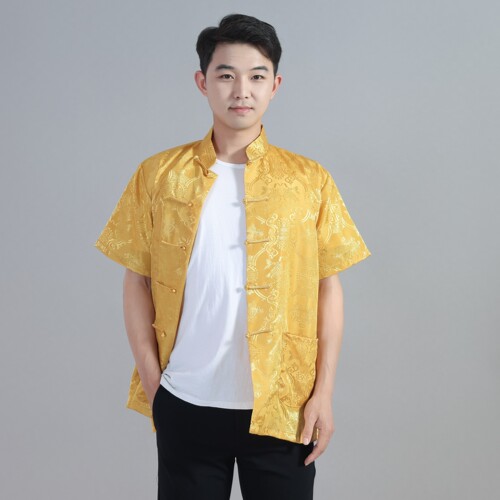 男士爸爸中老年中国风夏季中式复古绸缎短袖上衣休闲唐装汉服金黄