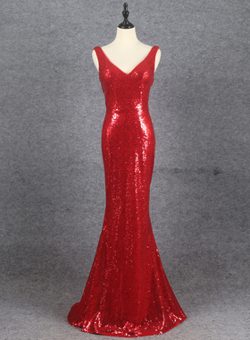 性感深V吊带连衣裙buling亮片显瘦鱼尾晚礼服主持人年会聚会party