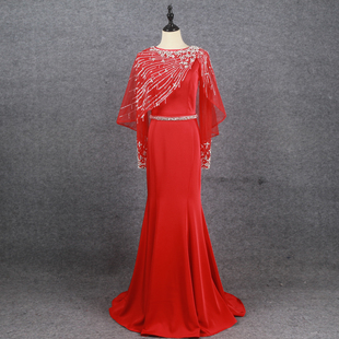 长袖晚礼服红色婚礼主持收腰显瘦优雅气质大摆鱼尾裙晚宴年会长裙