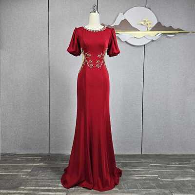 名媛鱼尾短袖长裙泡泡袖显瘦