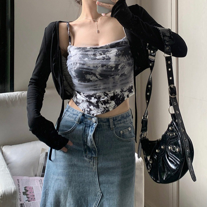 港味复古不规则扎染吊带背心带胸保暖背心