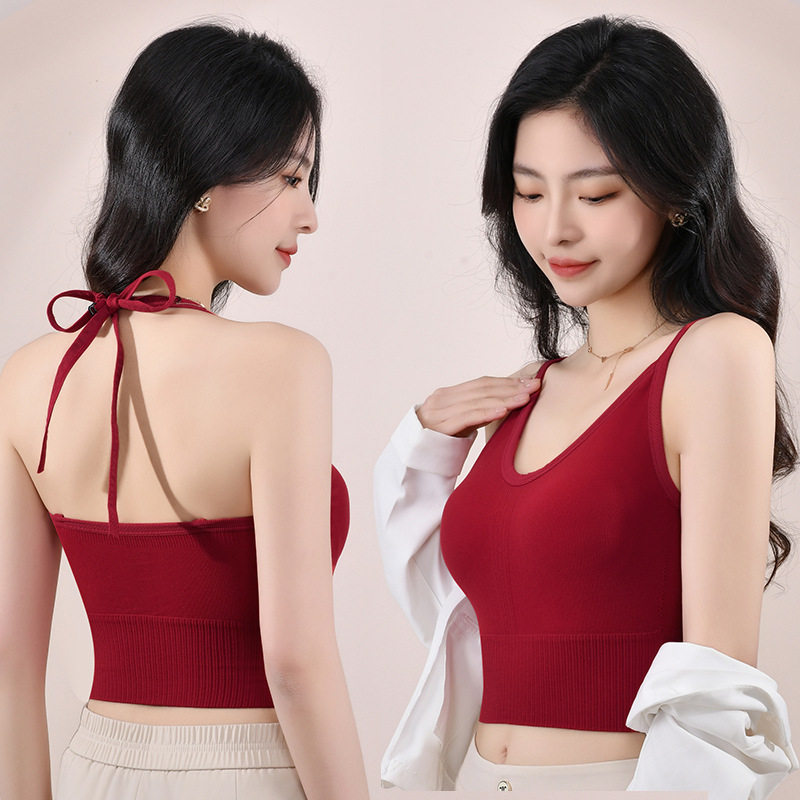 甜辣妹纯欲系绳挂脖吊带美背背心一体带胸垫裹胸外搭打底短款上衣