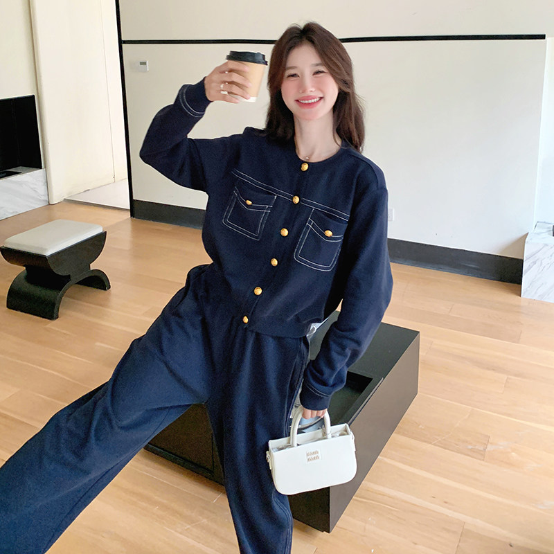 休闲风法式时尚套装高腰宽松阔腿复古韩版休闲小个子春秋显瘦长袖,女装套装/套裙,2C161
