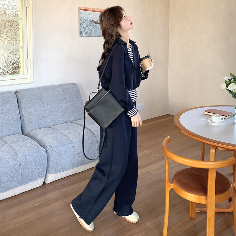 休闲运动风显瘦藏青色套装女2025春季新款假两件上衣长裤子两件套,女装套装/套裙,2C161