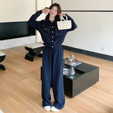 休闲风法式时尚套装高腰宽松阔腿复古韩版休闲小个子春秋显瘦长袖，女装套装/套裙，2C161