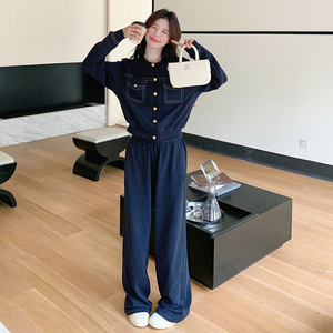 休闲风法式时尚套装高腰宽松阔腿复古韩版休闲小个子春秋显瘦长袖图片