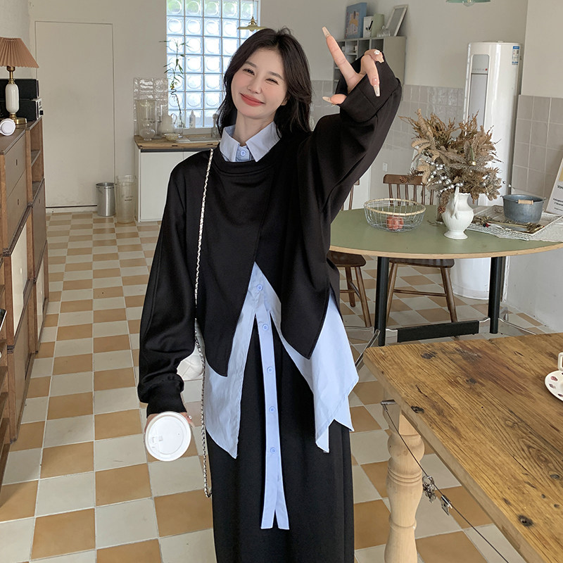 学院风套装显瘦穿搭女2025新款春秋黑色卫衣衬衫半身裙直筒三件套图片