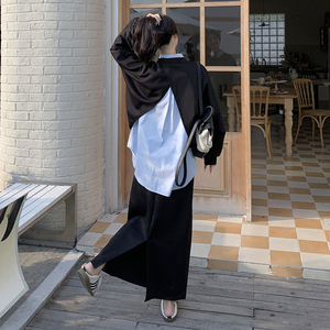 学院风套装显瘦穿搭女2025新款春秋黑色卫衣衬衫半身裙直筒三件套图片