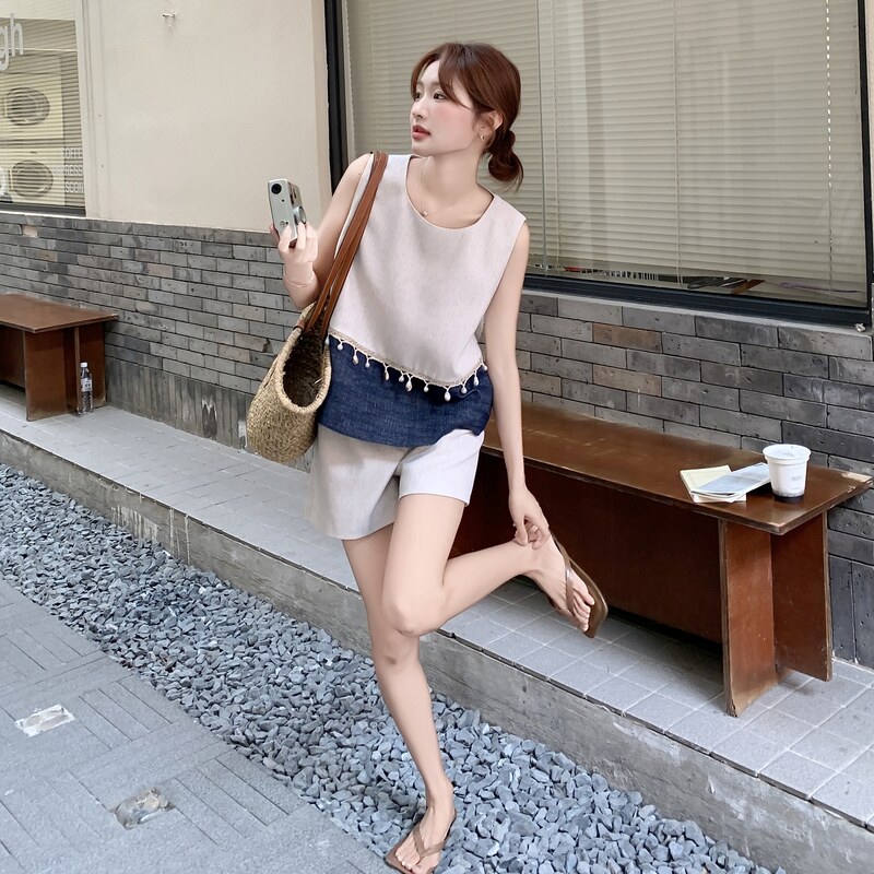 流苏拼接背心短裤套装女夏季2025新款小个子两件套高级小众不撞款,女装套装/套裙,2C161