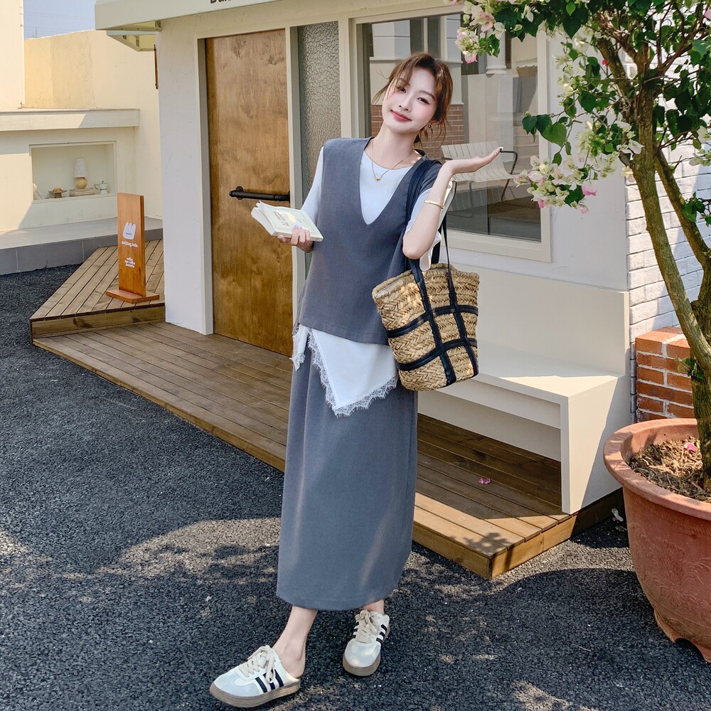 灰色轻熟风休闲马甲背心套装女夏新款慵懒风t恤显瘦半身裙三件套,女装套装/套裙,2C161