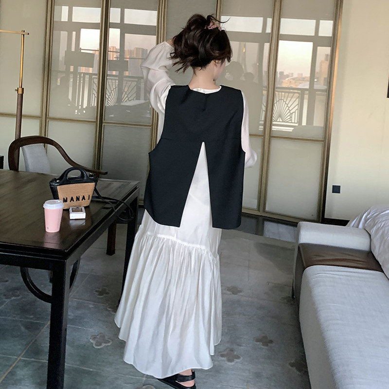 法式白色超好看连衣裙套装女春秋2025新款显瘦马甲茶歇长裙两件套,女装连衣裙,2C161