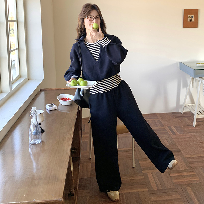 休闲运动风显瘦藏青色套装女2025春季新款假两件上衣长裤子两件套,女装套装/套裙,2C161