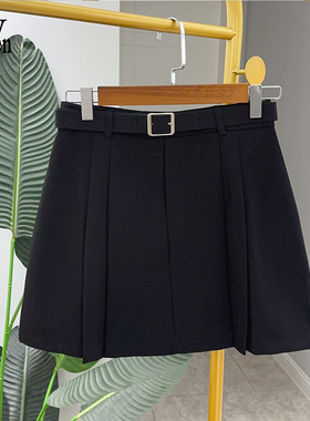 wengen可可黑色百褶裙半身裙2024新款a字裙高腰带短裙夏女