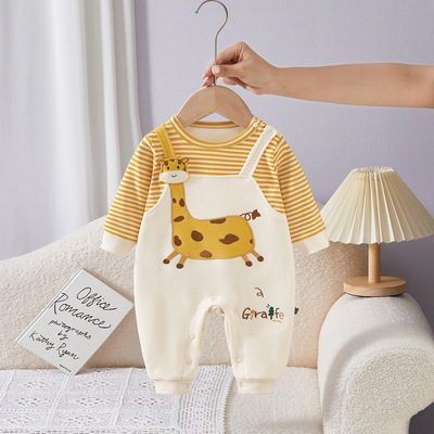撤柜专区卡通长颈鹿假两件背带哈衣条纹婴儿连体衣新生婴儿衣服