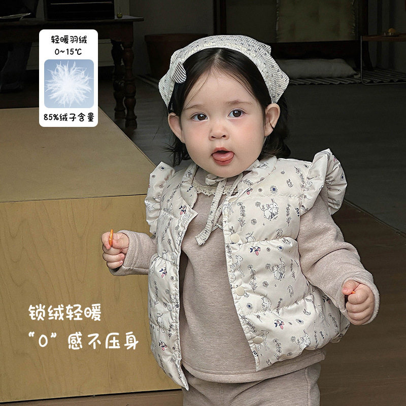 三折撤柜女童马甲白鸭绒秋冬婴幼儿外出服马夹女宝宝碎花羽绒外套