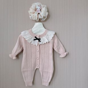 撤柜专区女宝宝秋冬娃娃领针织爬服甜美连体衣婴儿长袖爬服送帽子