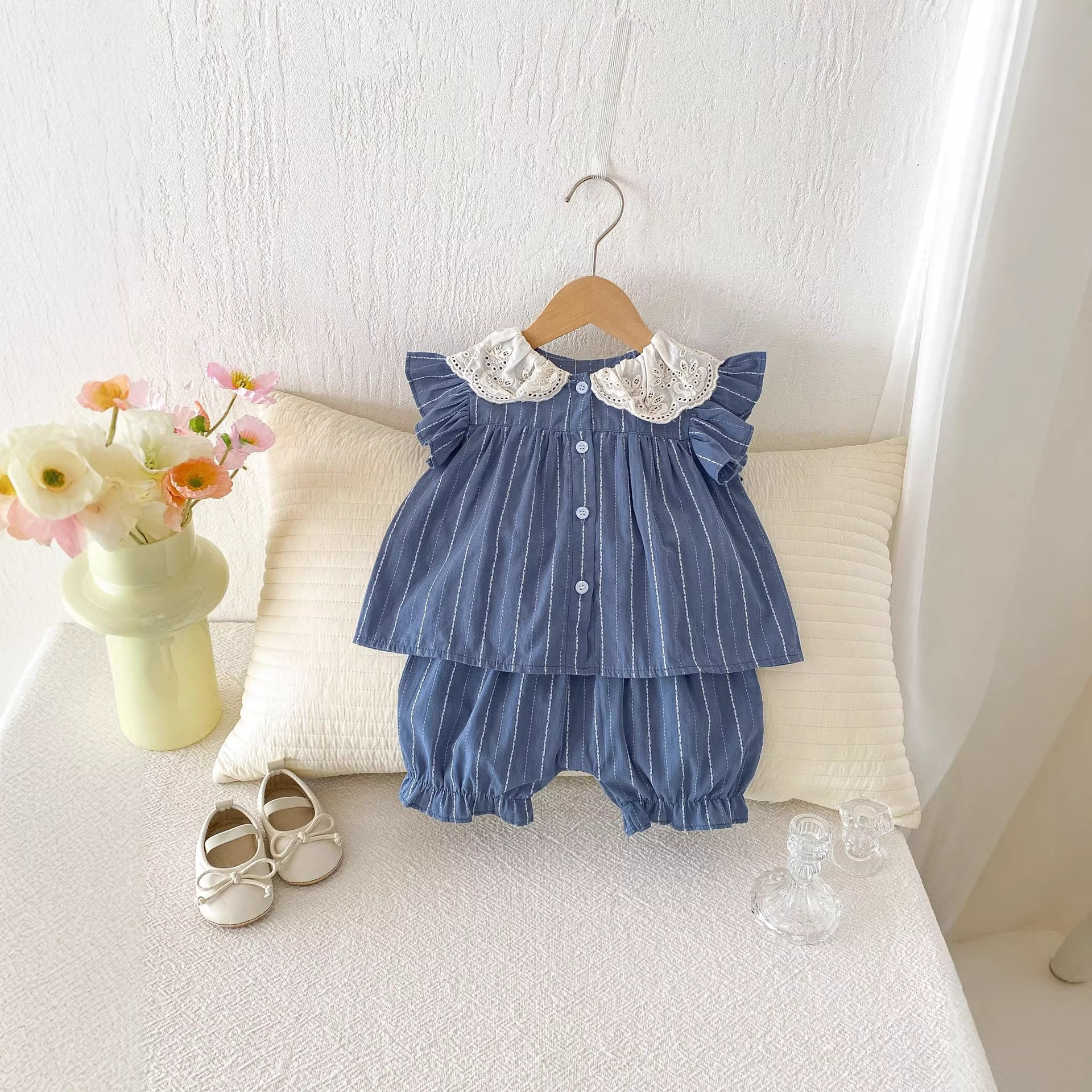 女童夏季娃娃衫套装宝宝韩版衣服可爱翻领背心上衣短裤周岁两件套