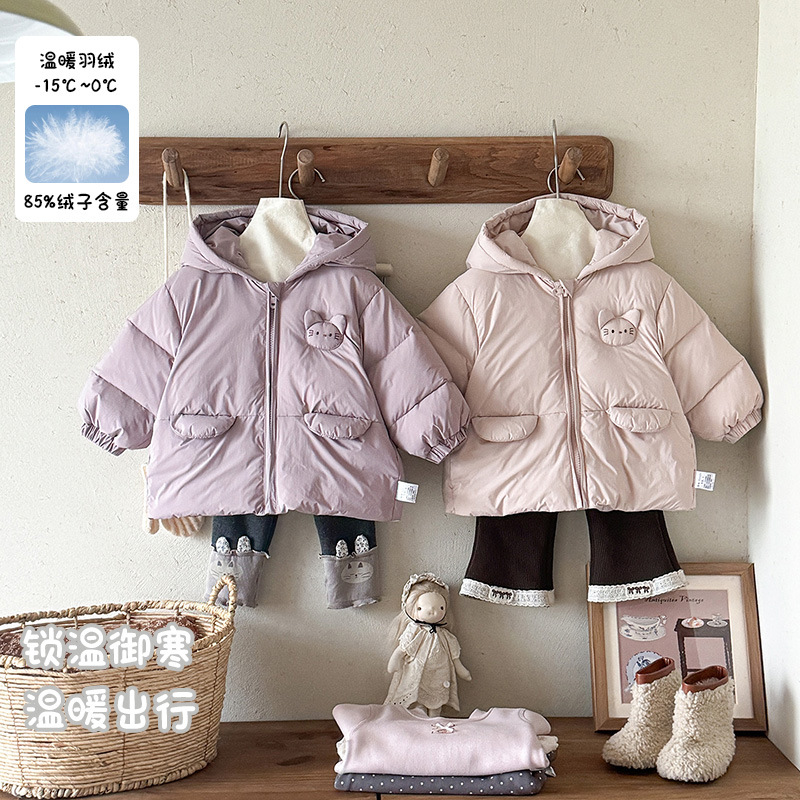 三折撤柜女宝连帽羽绒服女童猫咪羽绒外套长袖加厚婴幼儿保暖上衣