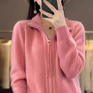 鄂尔多斯市羊绒衫女宽松双拉链加厚羊毛衫开衫外套针织上衣秋冬季