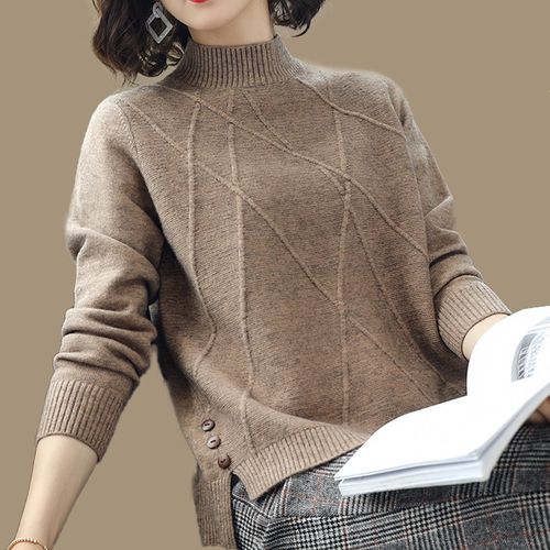 鄂尔多斯市春秋新款纯色羊毛衫女士半高领毛衣开叉羊绒打底衫洋气