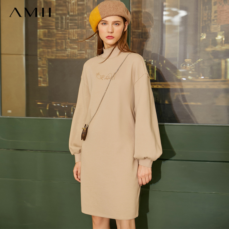Amii半高领连衣裙女2023秋季新款运动长袖休闲裙子加绒显瘦卫衣裙