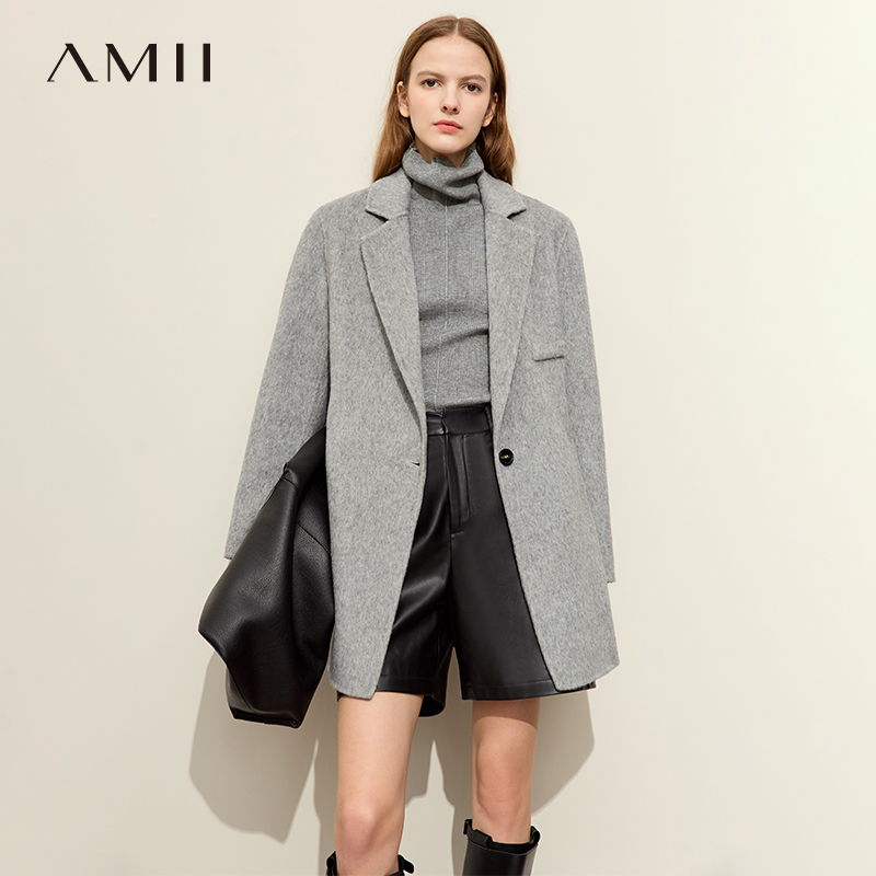 Amii毛呢外套女2023冬季新款西装领中长款双面呢大衣奶白色高级感