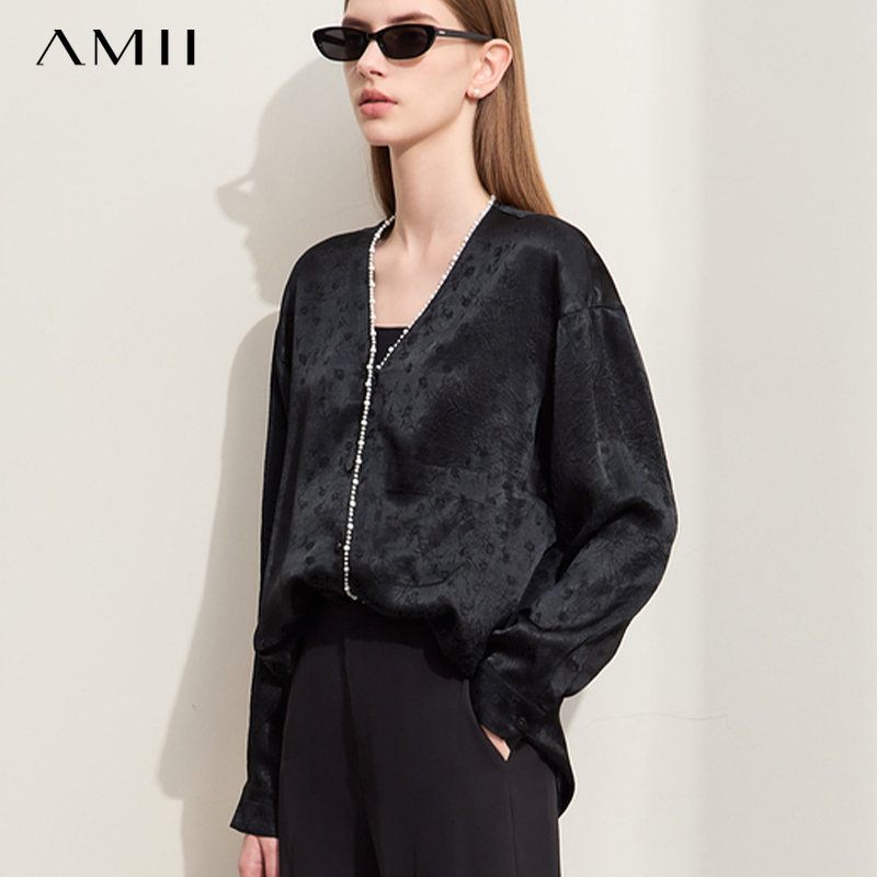 Amii2024新款夏季极简轻奢V领长袖衬衫女款新中式高端小衫上衣