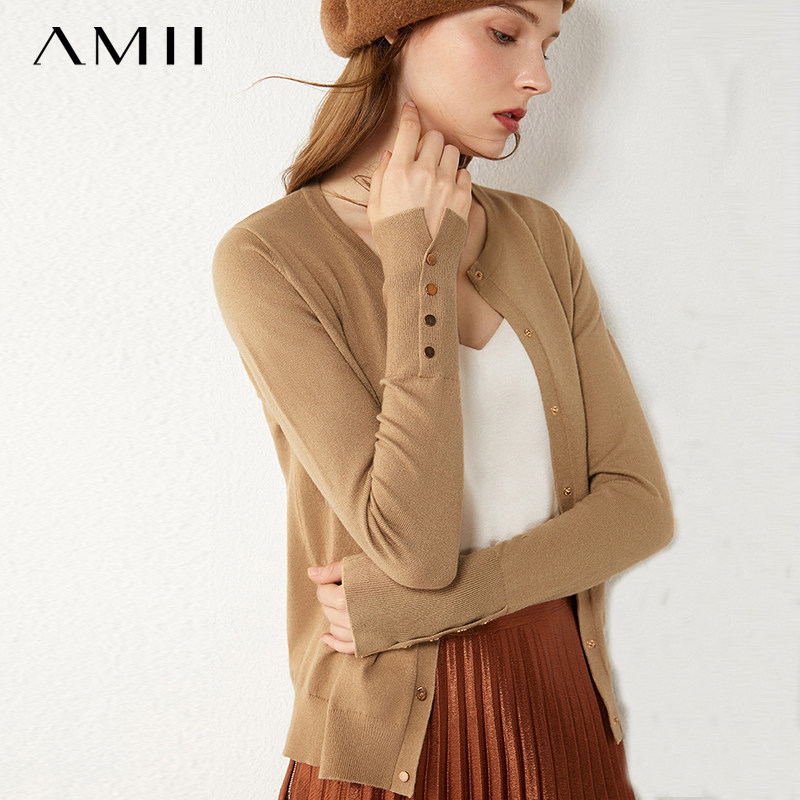Amii极简主义针织开衫秋冬季复古毛衣女装西装软糯奶系法式高级感