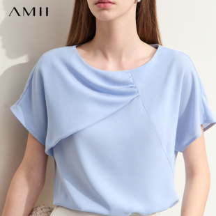 Amii2024夏新款 极简纯色圆领连肩小飞袖 宽松雪纺衫 女款