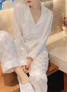 GP Seeu桑蚕丝睡衣女2024年春秋季薄款高级感白色格子家居服套装