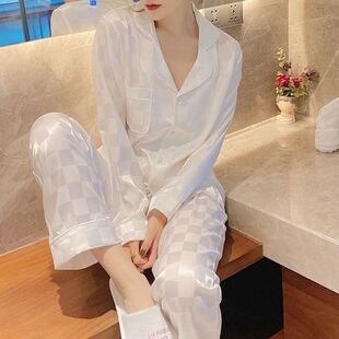 Seeu桑蚕丝睡衣女2024年春秋季 薄款 高级感白色格子家居服套装