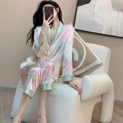 奢华真丝长袖睡衣居家服套装