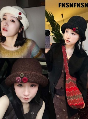 浮夸少女dayu 原创圣诞节日感纽扣撞色可爱翻边盆帽 俩戴渔夫帽
