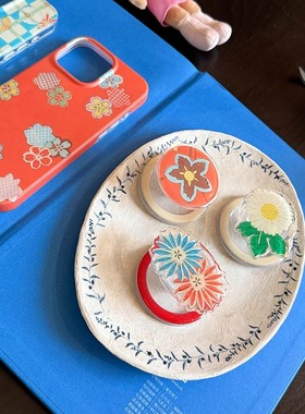 浮夸少女dayu原创和风花朵多巴胺女孩设计撞色手机壳气垫磁吸支架