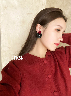浮夸少女dayu 原创自制 野玫瑰复古椭圆耳环黑红vintage风耳饰