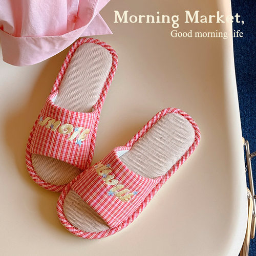 MorningMarket复古格纹亚麻拖鞋