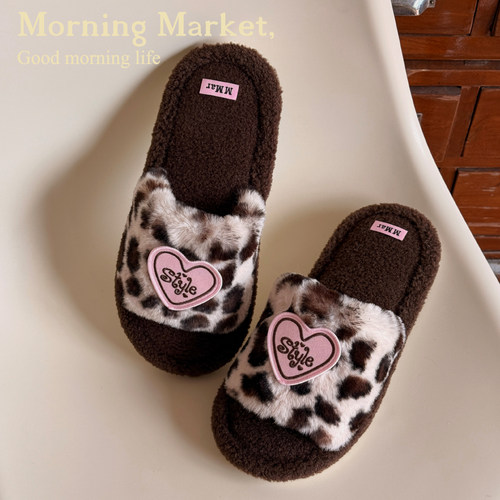 Morning Market豹纹爱心毛绒保暖秋冬加绒防滑棉拖